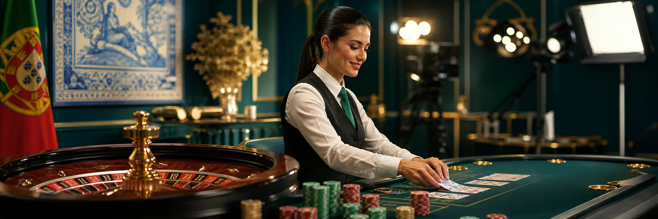 Estúdio de casino ao vivo da 22Bet com mesa de roleta e cartas
