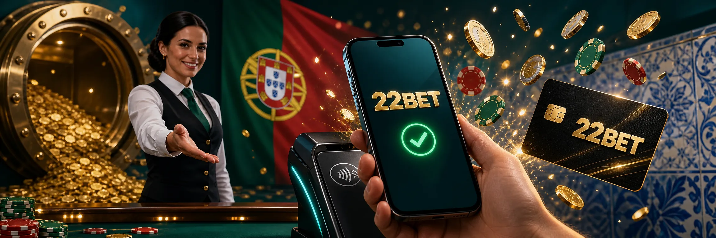 Telemóvel com pagamento MB WAY, cartões e moedas de euro sobre fundo verde