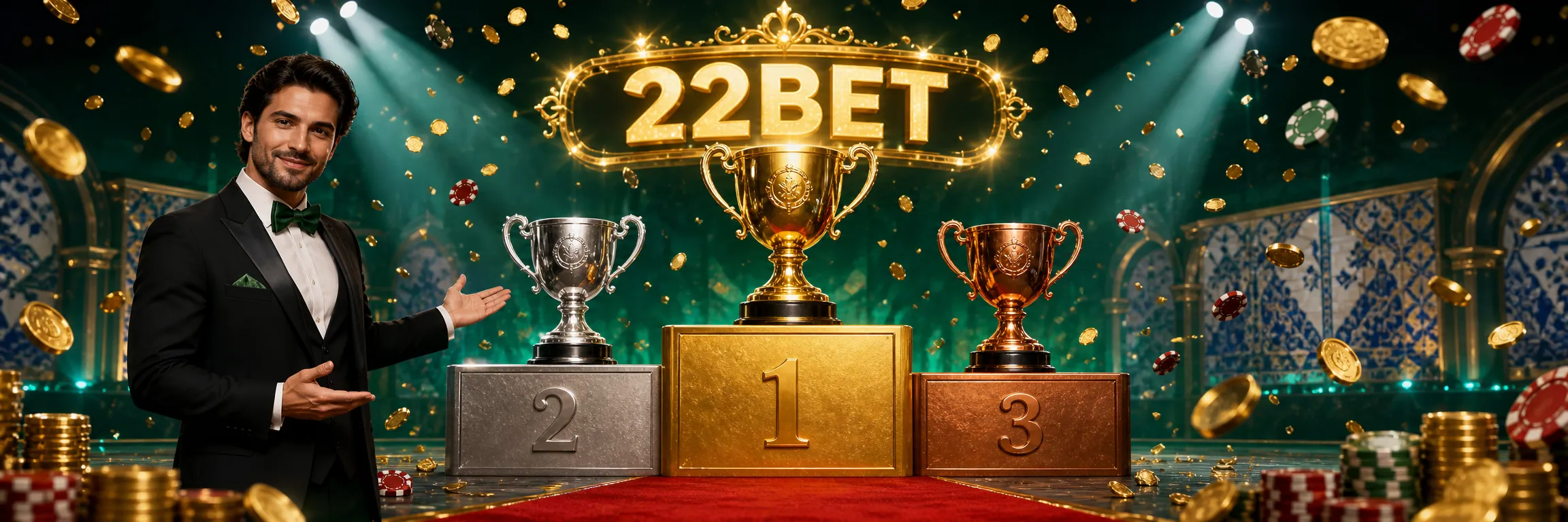 Pódio de torneio da 22Bet com troféus, fichas de casino e moedas douradas