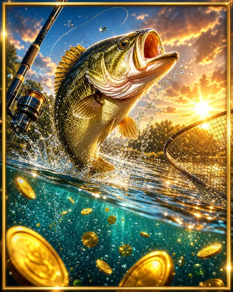 Cartão do jogo Big Bass Bonanza com um pescador e um peixe dourado