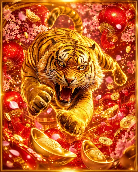 Cartão do jogo Fortune Tiger com um tigre dourado e moedas da sorte