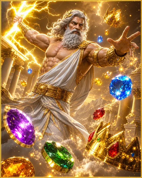 Cartão do jogo Gates of Olympus com um deus grego e relâmpagos dourados