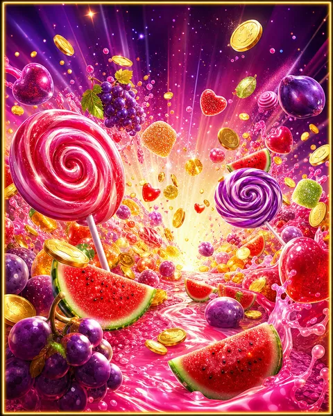 Cartão do jogo Sweet Bonanza com frutas e rebuçados coloridos